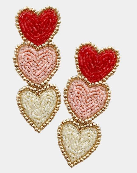Heart on My Sleeve Beaded Earrings-Red/Light Pink/White