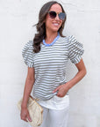 Sunny Stripe Puff Sleeve Top-Blue