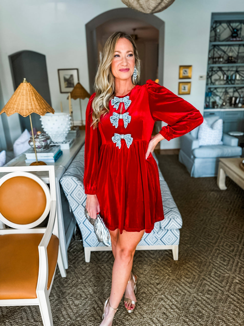 Glow Bow Velvet Dress- Red