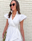 Avah Ruffle Wrap Mini Dress-White