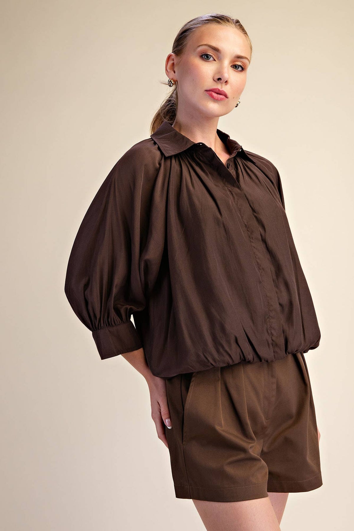 Yvette Puff Sleeve Top-Brown