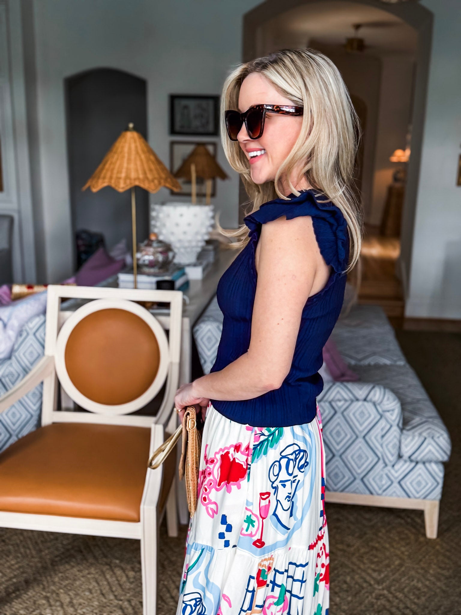 Paris Charm Ruffled Knit Top-Navy