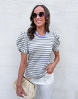 Sunny Stripe Puff Sleeve Top-Blue