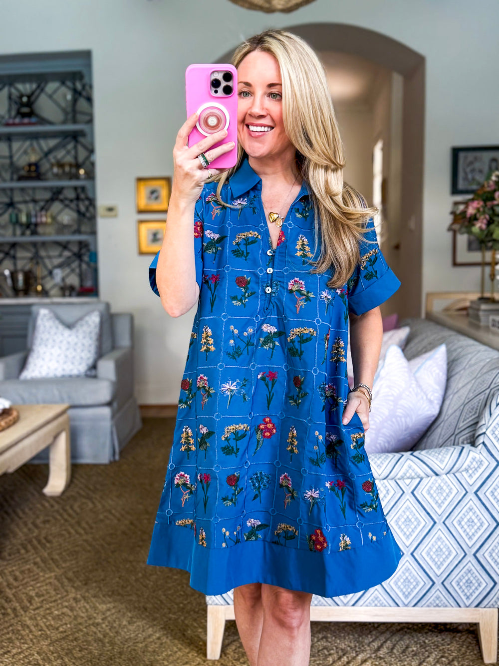 Wanderflora Embroidered Mini Dress-Blue