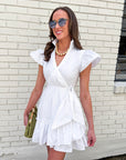 Avah Ruffle Wrap Mini Dress-White