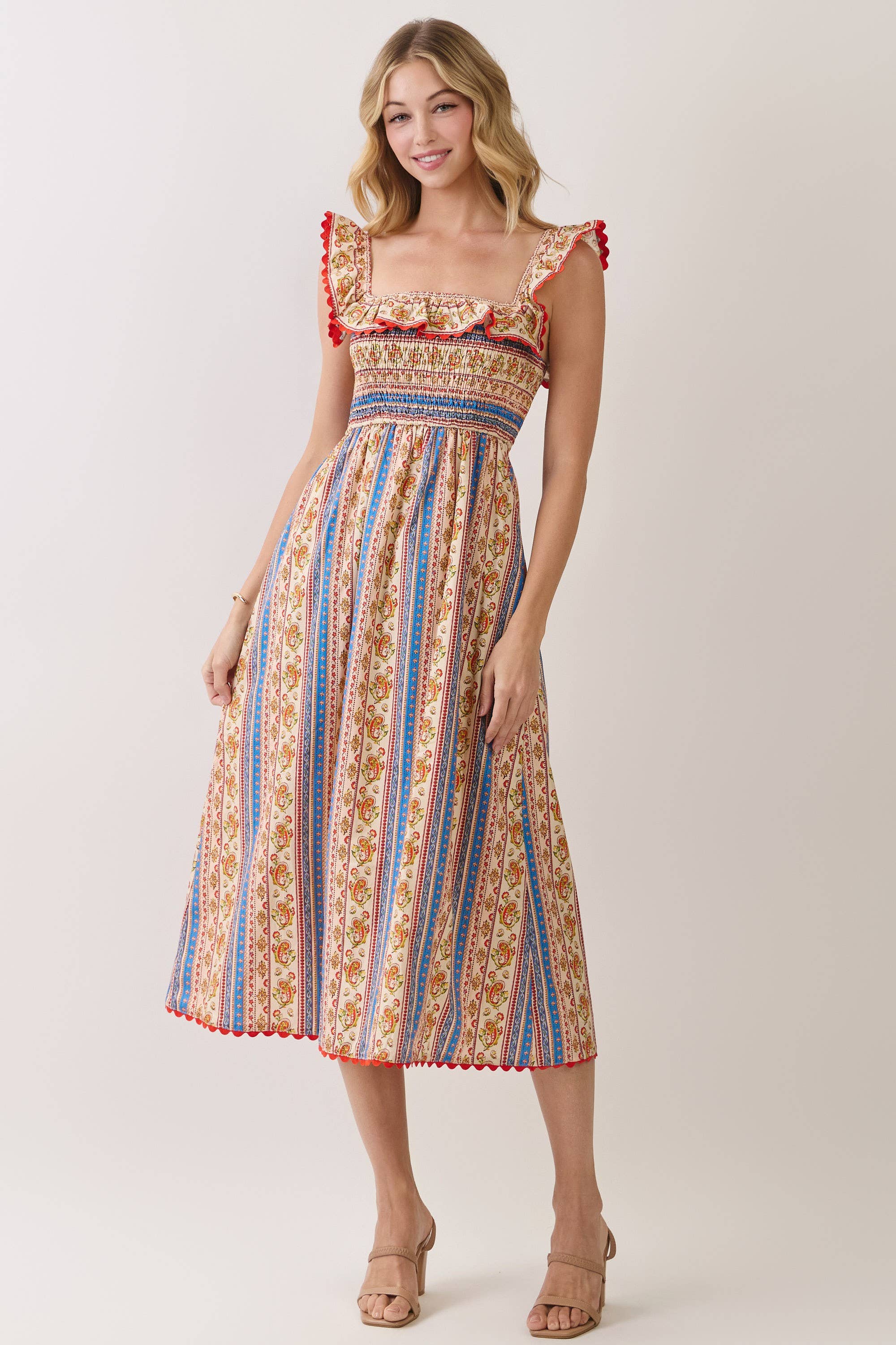 Paisley Stripe Smocked Midi Dress