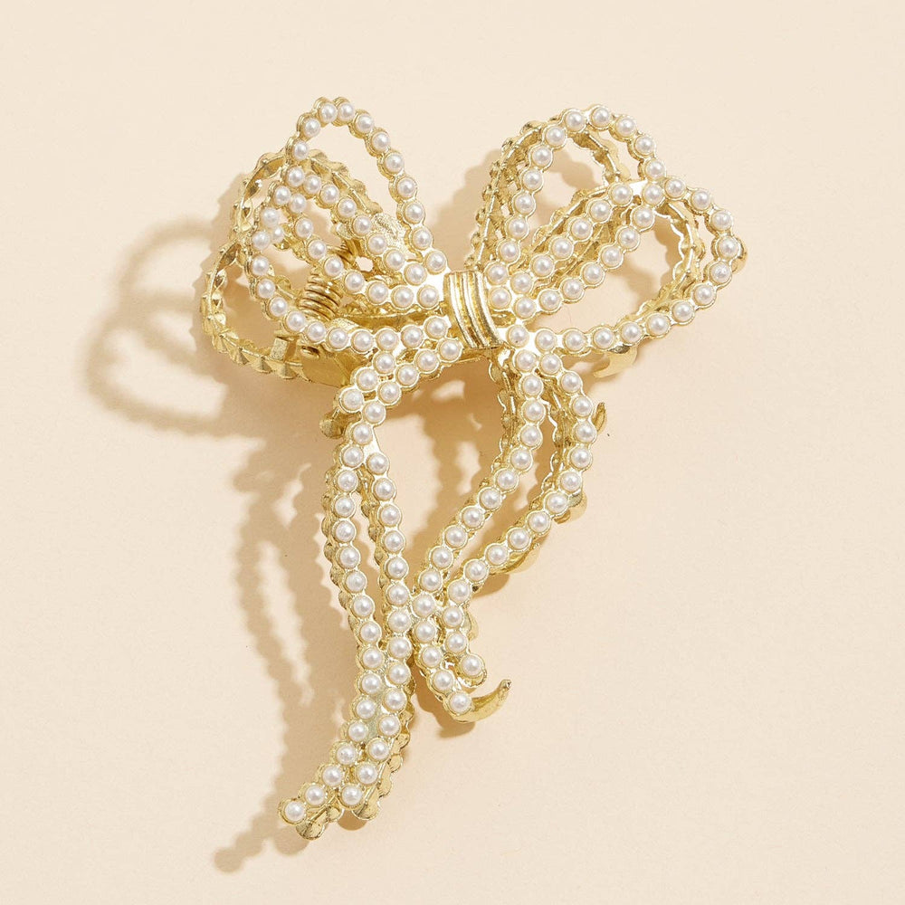 Elegant Pearl Bow Hair Claw- Gold