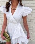 Avah Ruffle Wrap Mini Dress-White