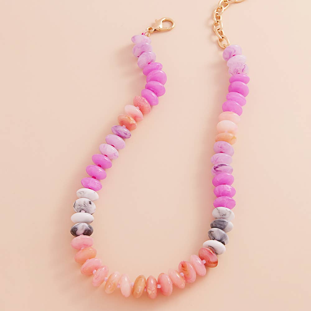 Ombre Oval Disk Beaded Necklace-Pink