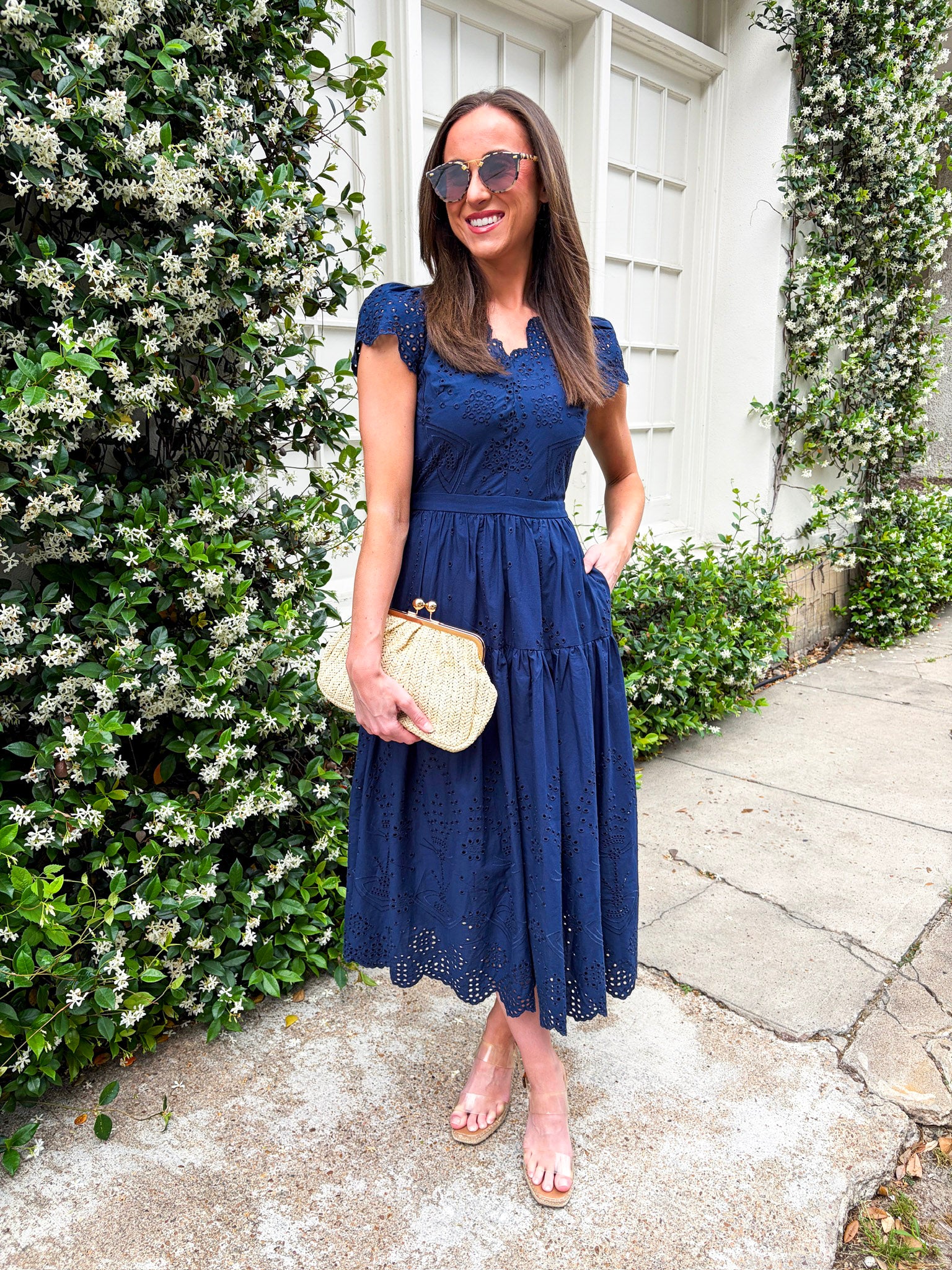 Easy Like Sunday Embroidered Midi Dress-Navy