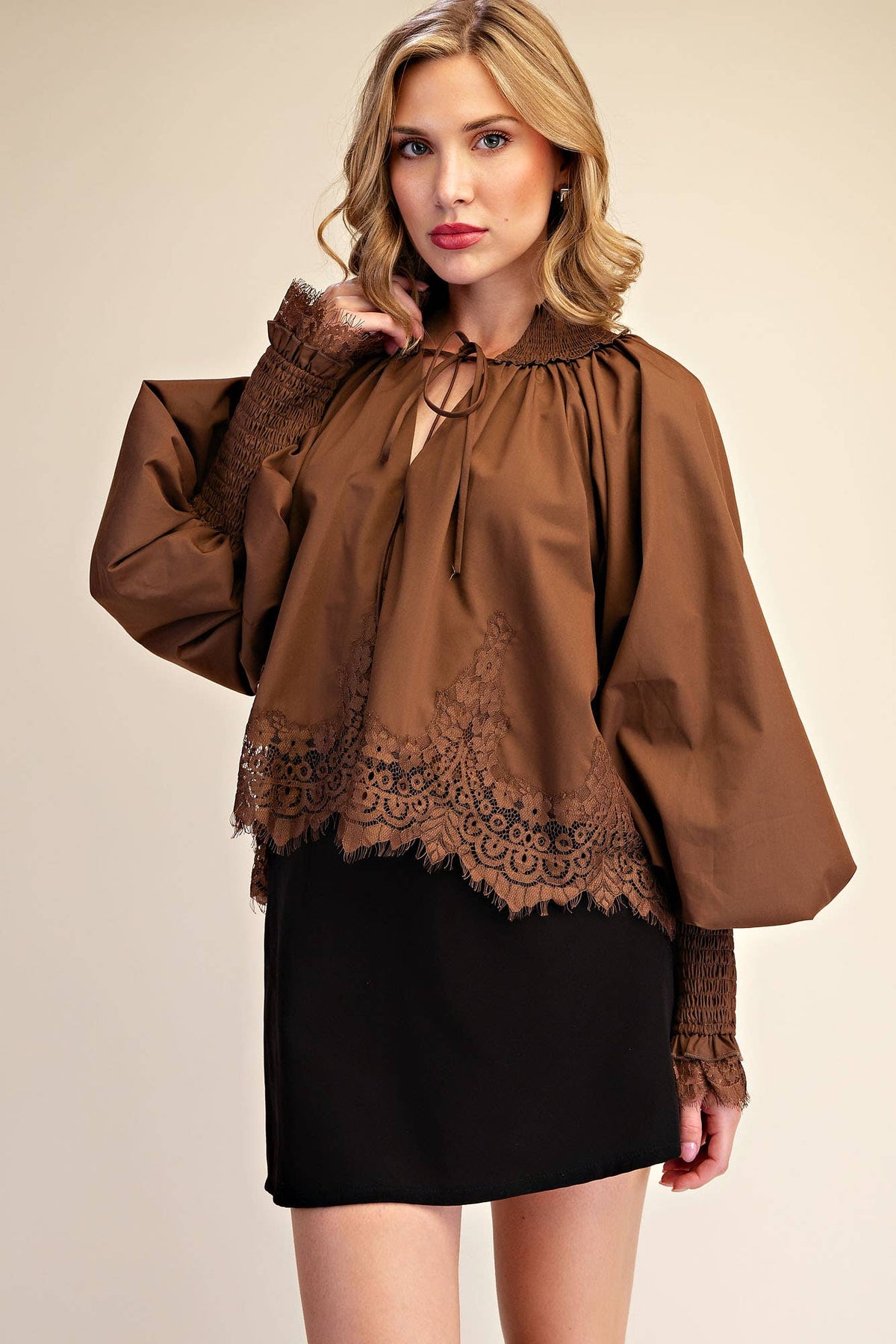 Rosamund Puff Sleeve Top-Brown