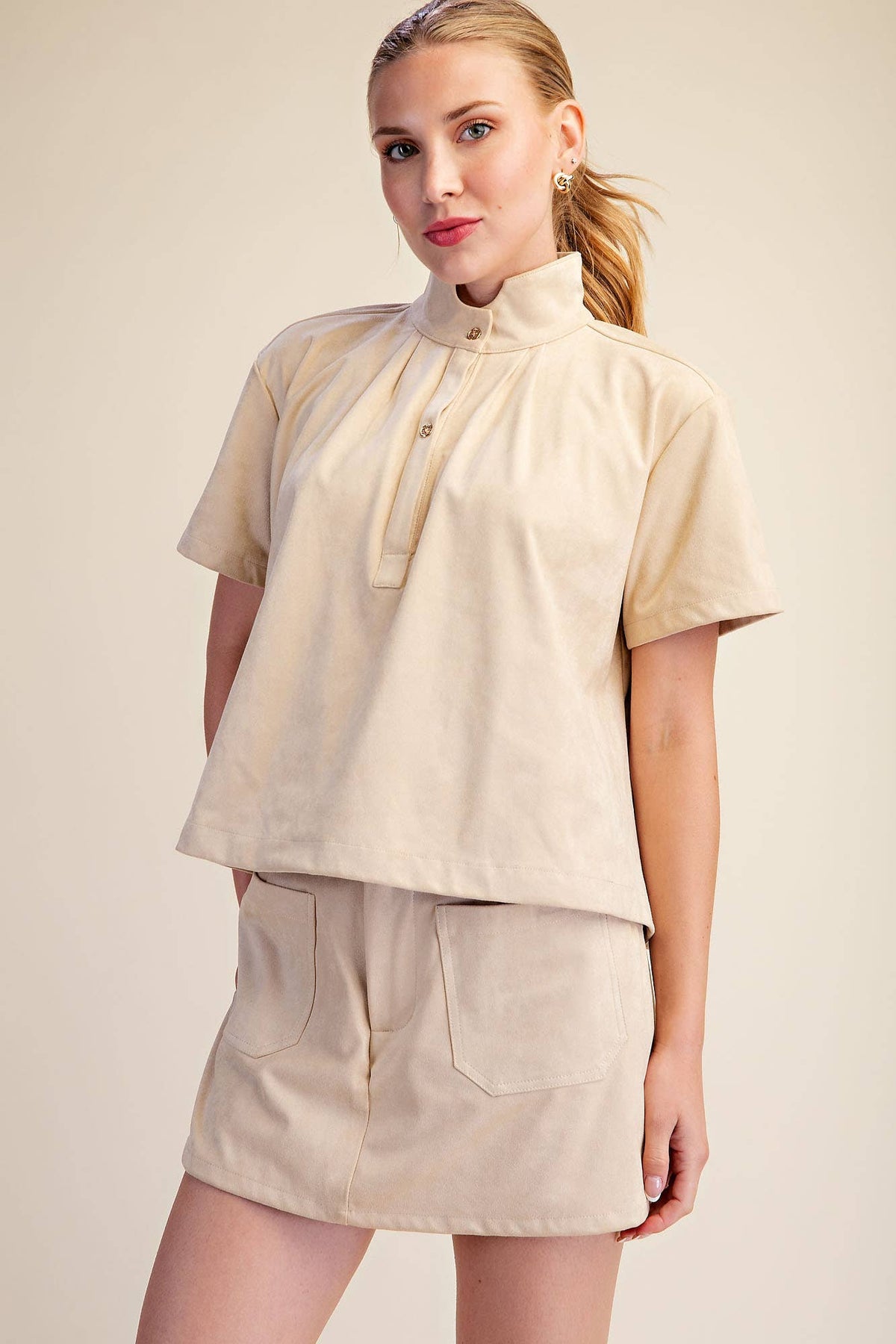 Lucille Stand Collar Top-Beige