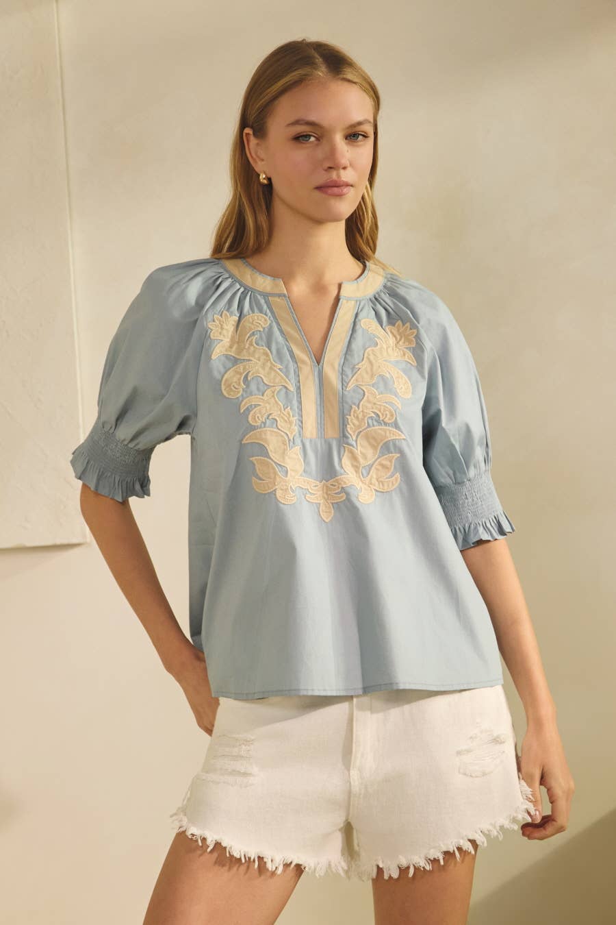 Sun-Chasing Poplin Top-Dusty Blue