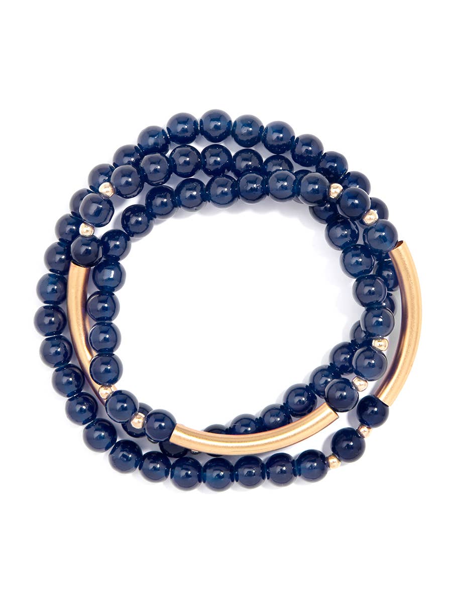 Glossy And Gold Beaded Wrap Bracelet-Navy