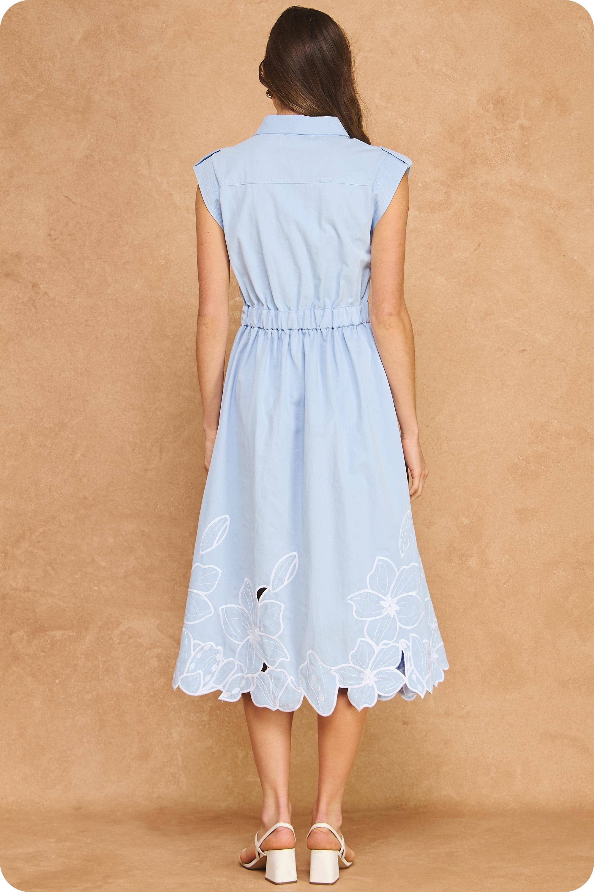 Garden Cutwork Embroidered Midi Dress-Chambray