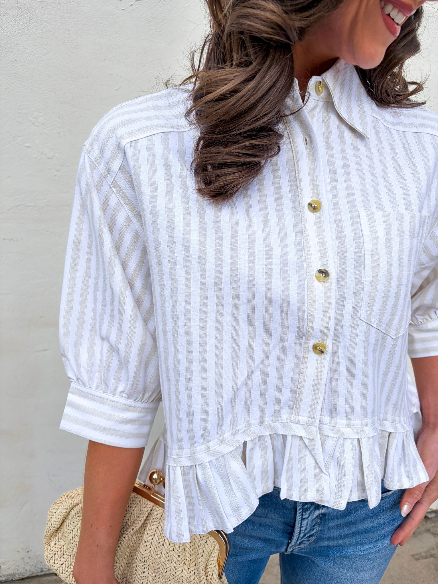 Mattie Striped Ruffle Hem Top-Khaki