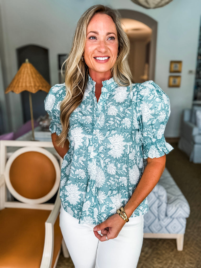 Bluebell Charm Floral Top-Forest