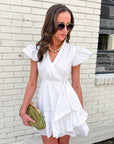 Avah Ruffle Wrap Mini Dress-White