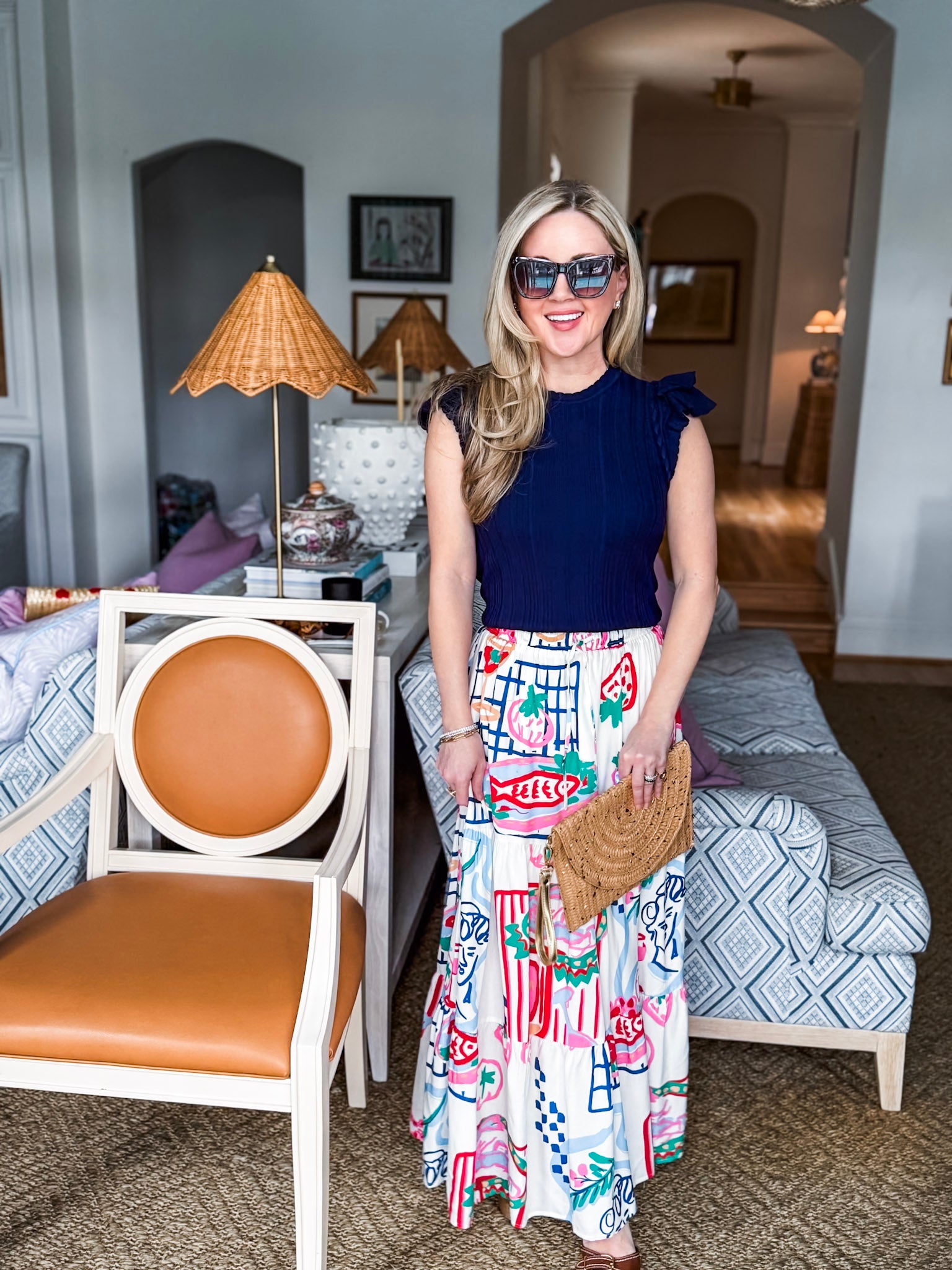 Paris Charm Ruffled Knit Top-Navy