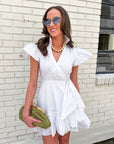 Avah Ruffle Wrap Mini Dress-White