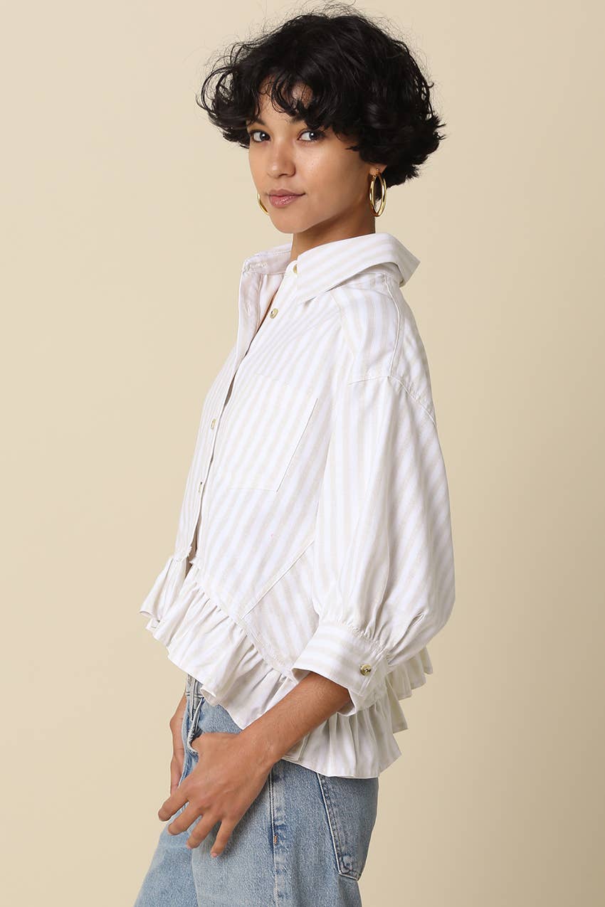 Mattie Striped Ruffle Hem Top-Khaki
