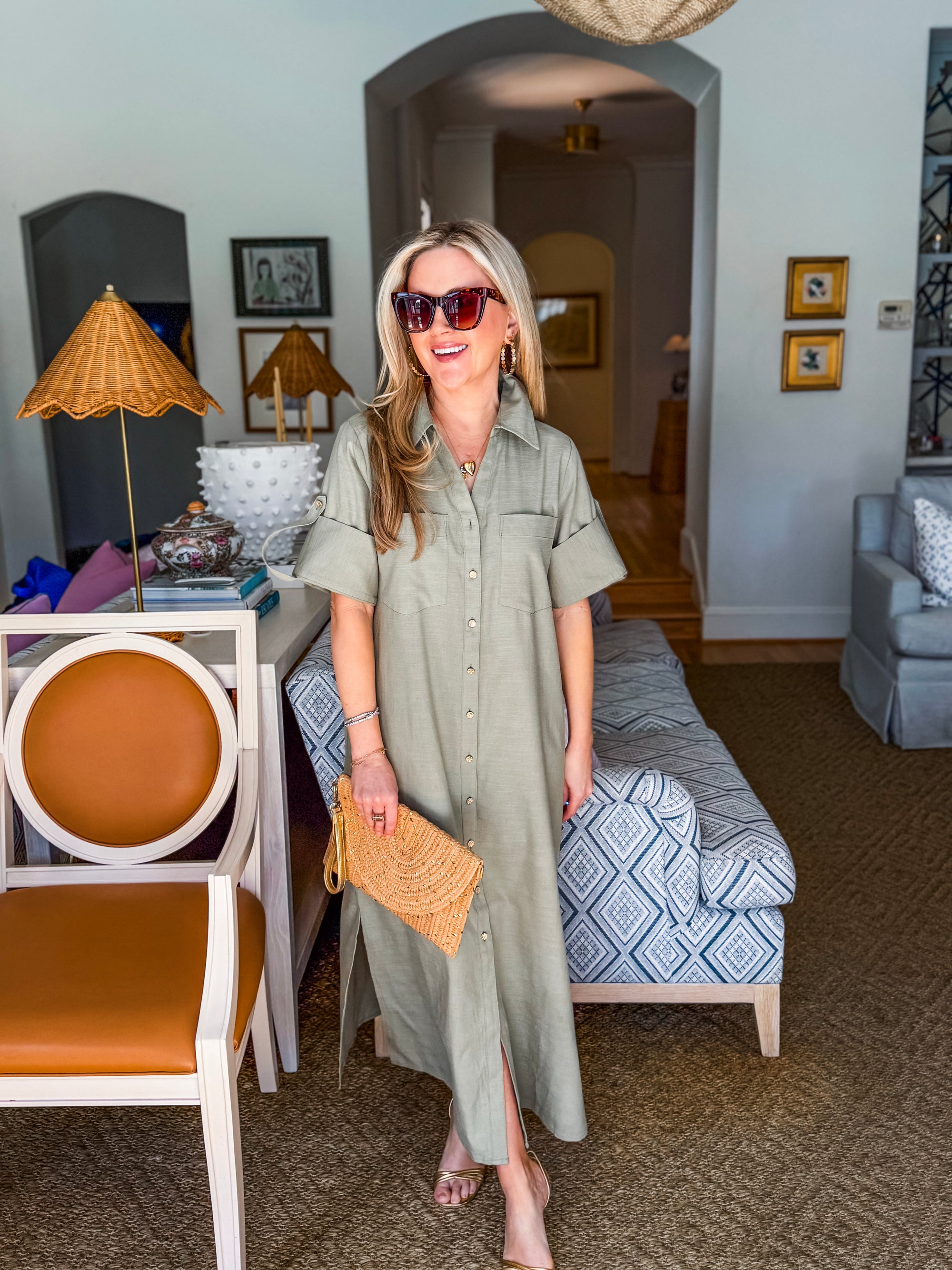 Weekend Chic Woven Midi Dress-Sage