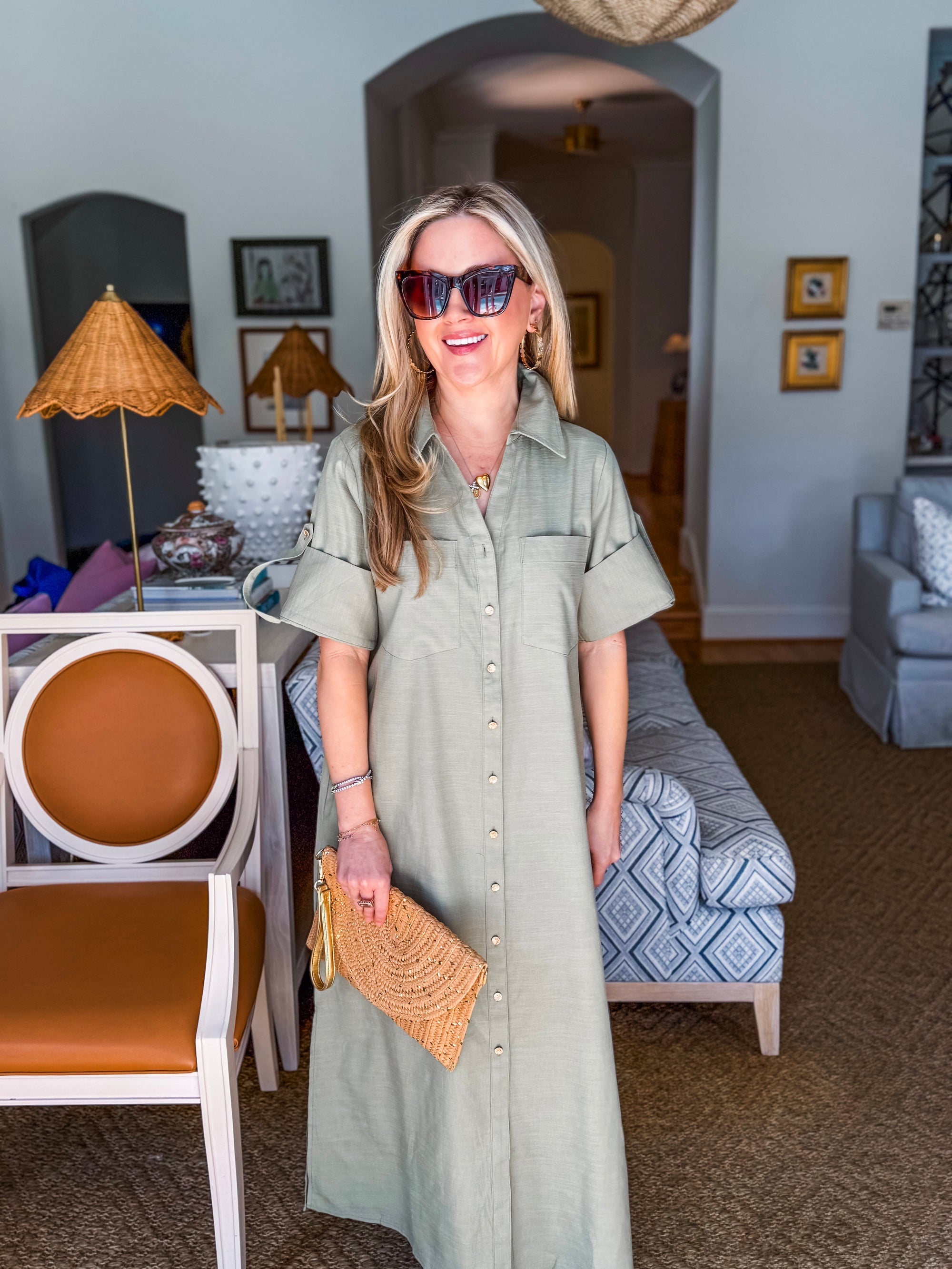 Weekend Chic Woven Midi Dress-Sage