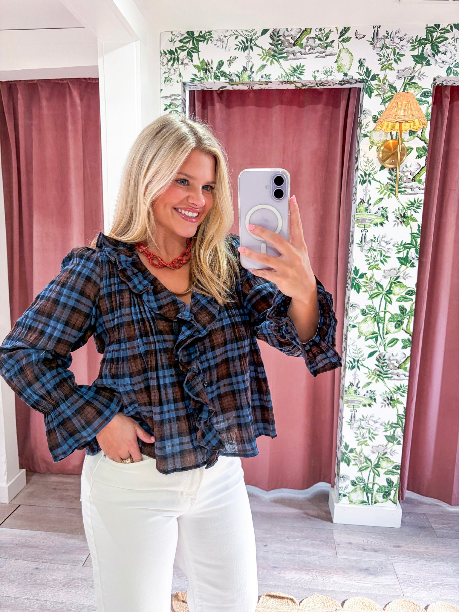 Lena Ruffle Plaid Blouse Top