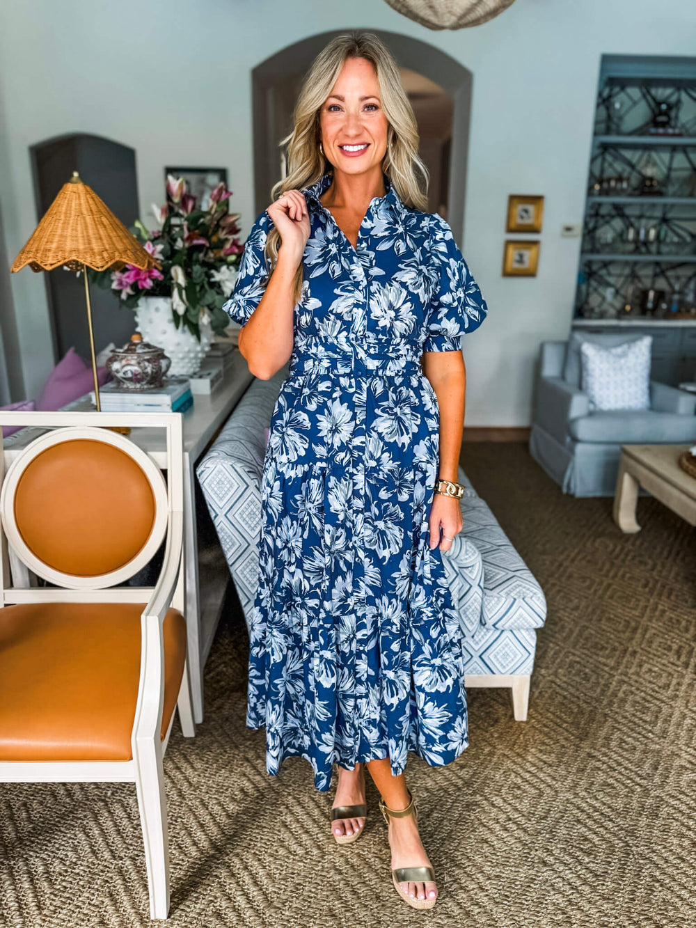 Floral Elegance Midi Dress-Navy