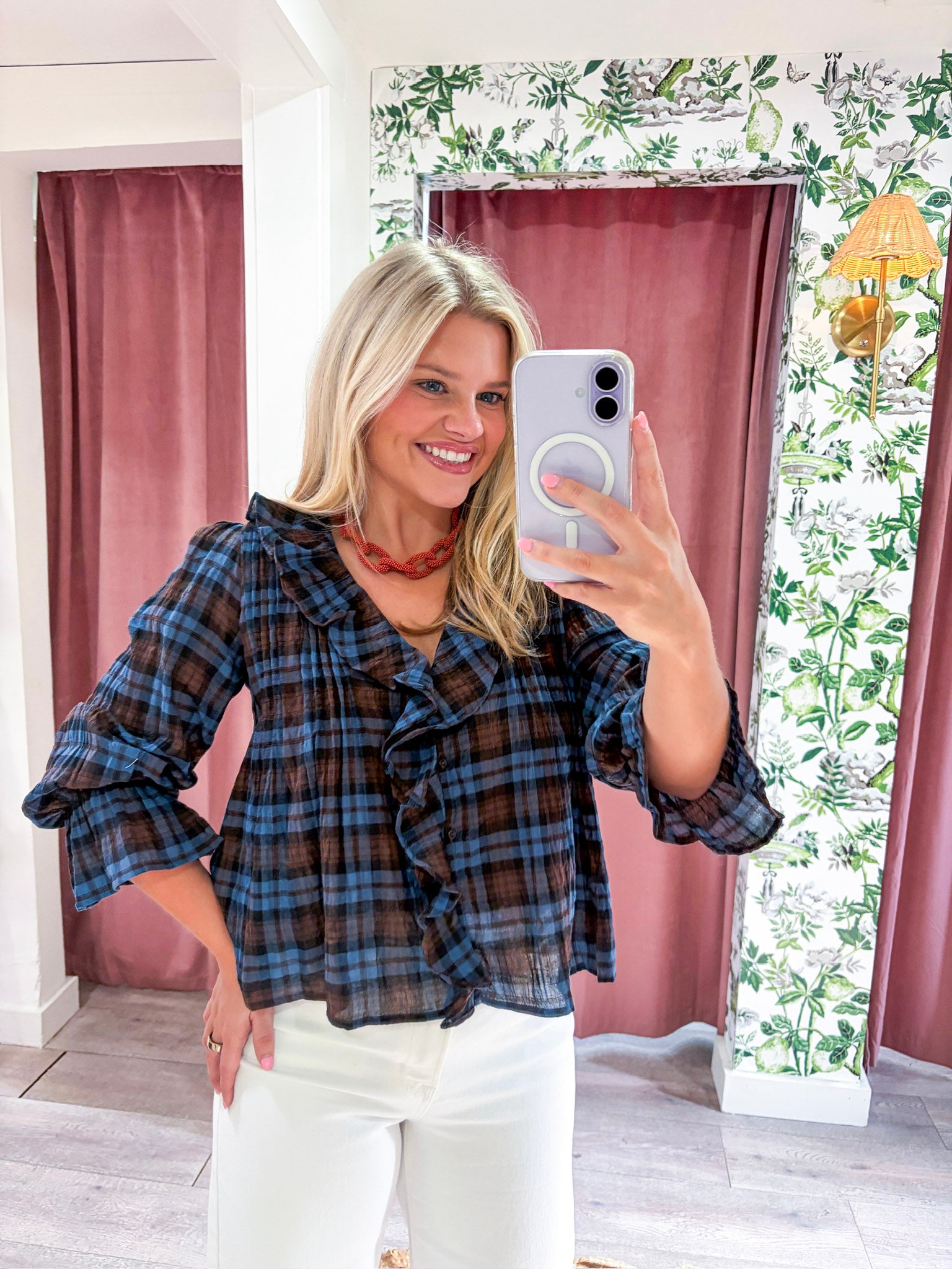 Lena Ruffle Plaid Blouse Top