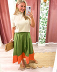 Fairmont Colorblock Skirt-Salmon/Olive