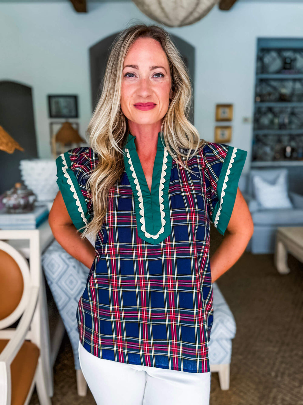 So Charmed Plaid Top-Navy