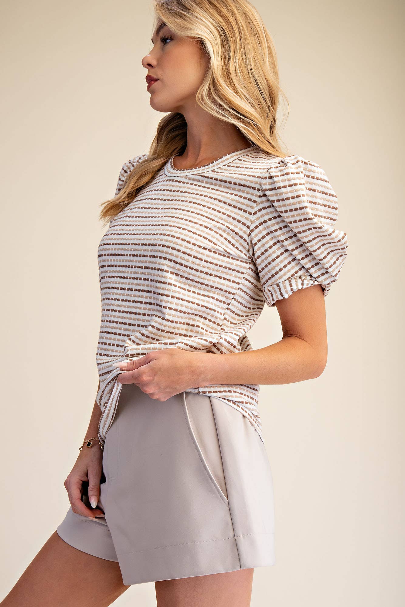 Sunny Stripe Puff Sleeve Top-Beige