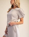 Sunny Stripe Puff Sleeve Top-Beige