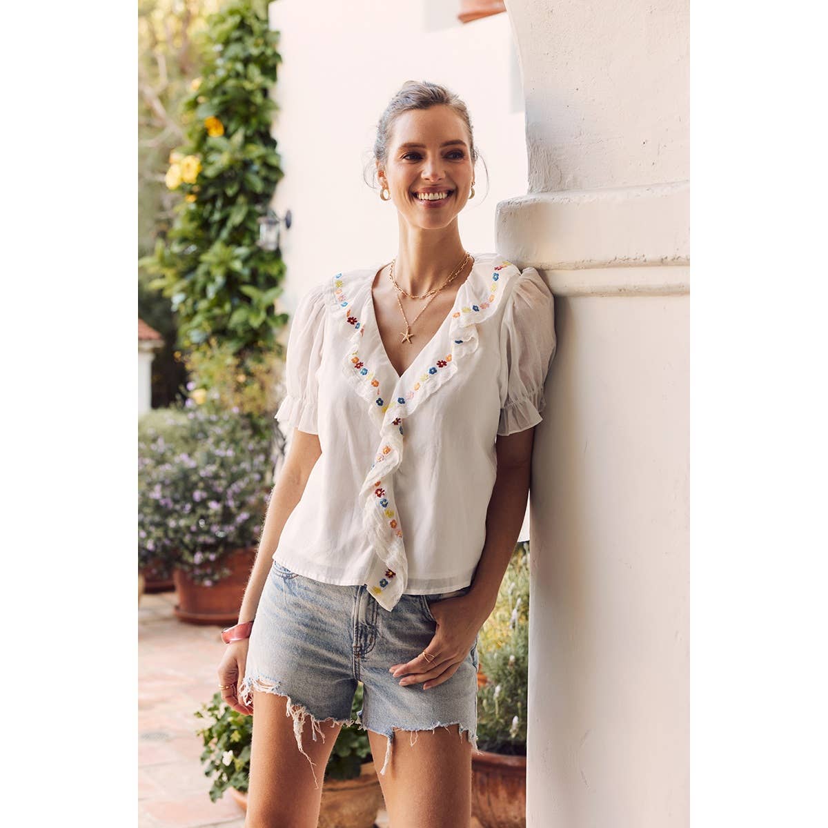 Steps Beach Embroidered Ruffle Top