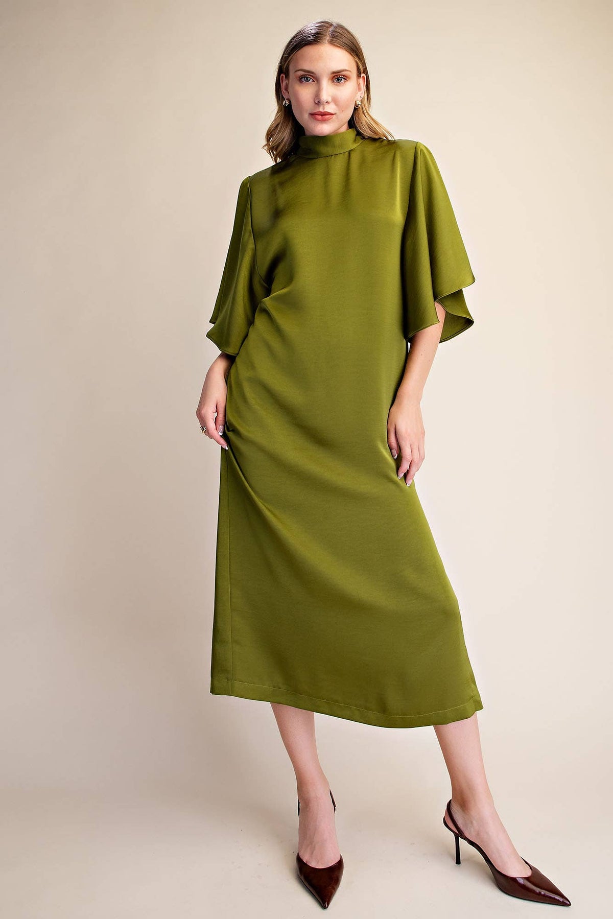 Candlelight Satin Midi Dress-Olive