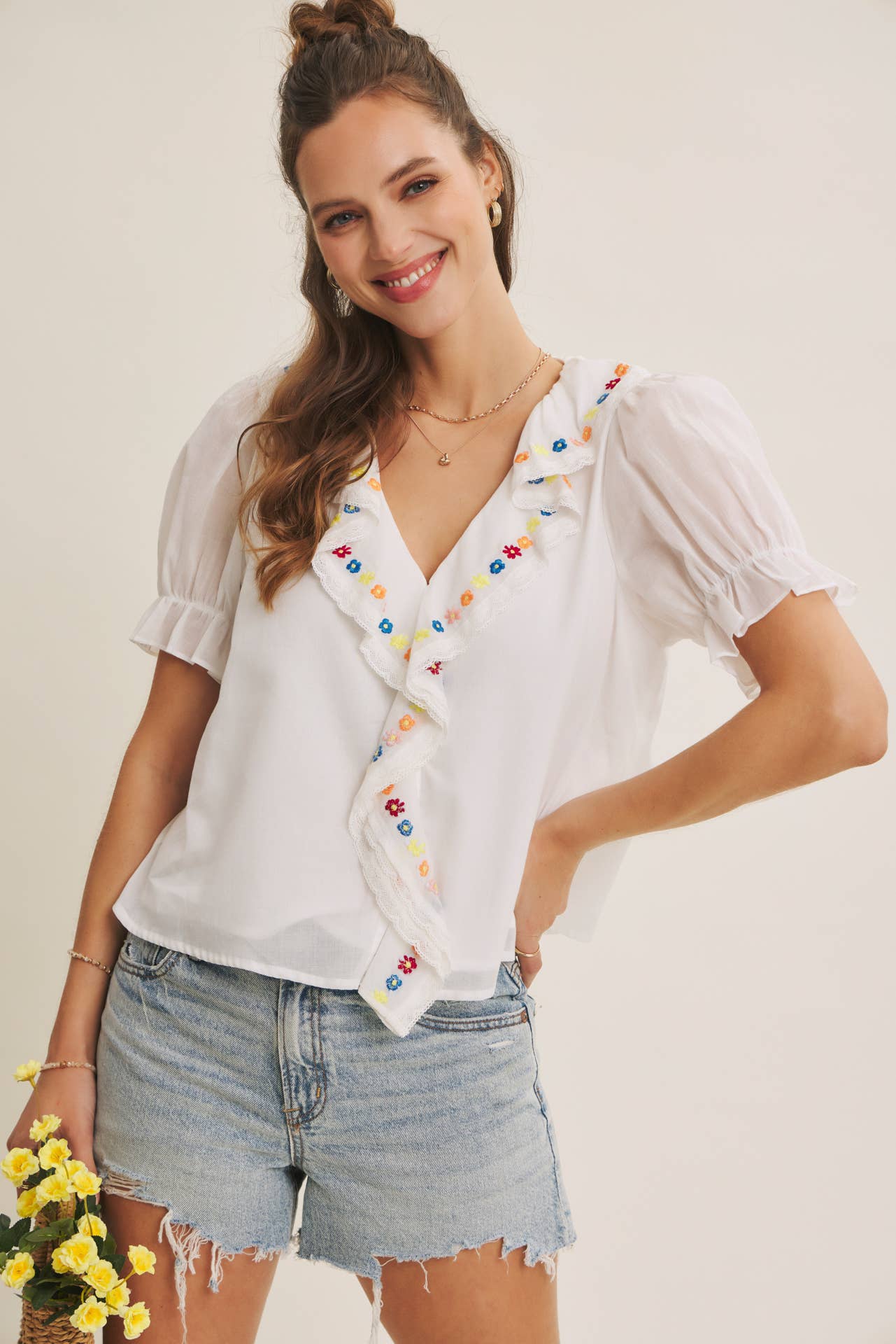 Steps Beach Embroidered Ruffle Top