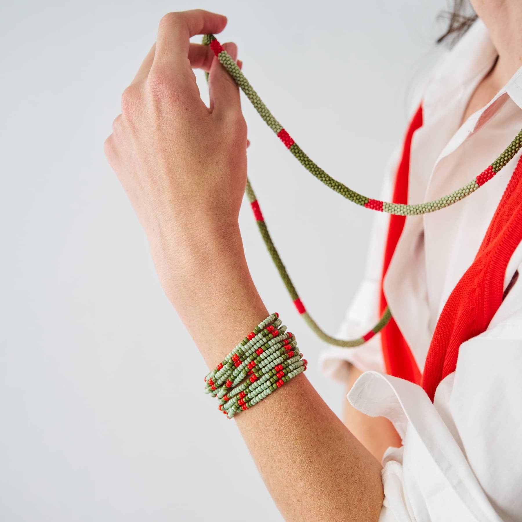 Sage Beaded Stretch Bracelets-Olive/Mint/Red