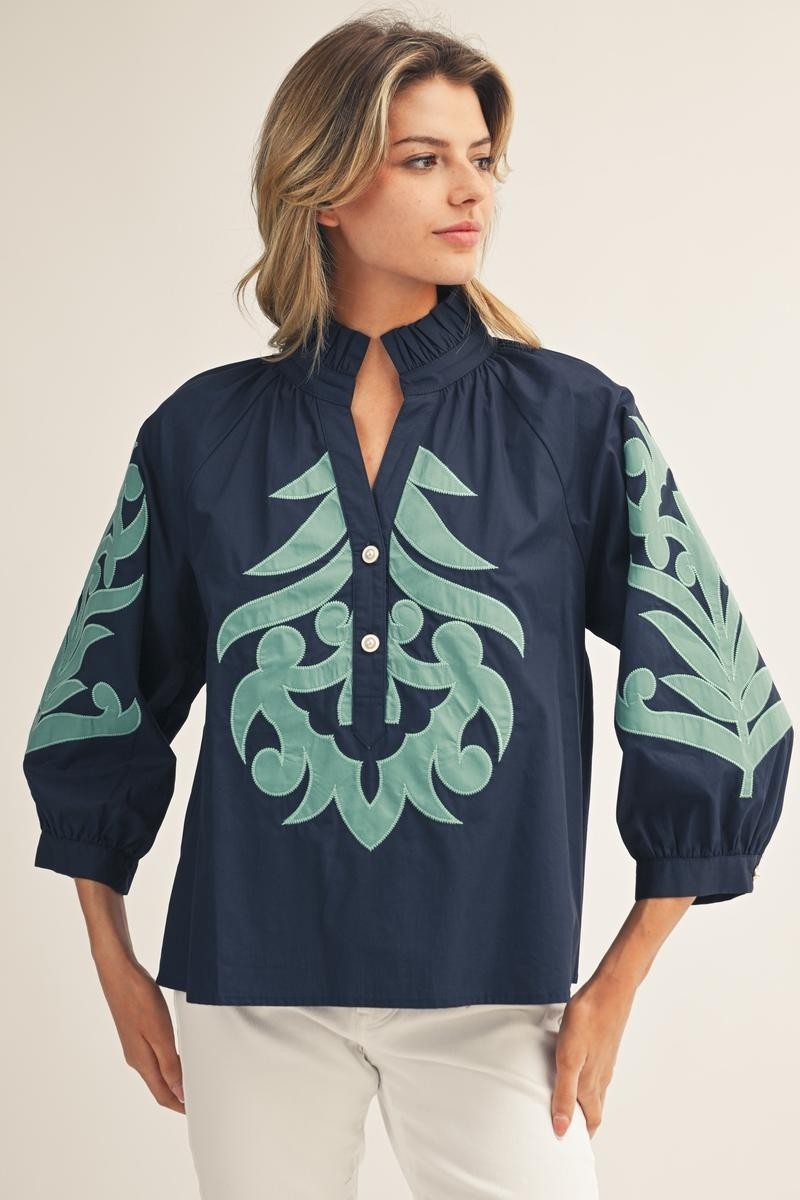 Blush Peony Top-Navy
