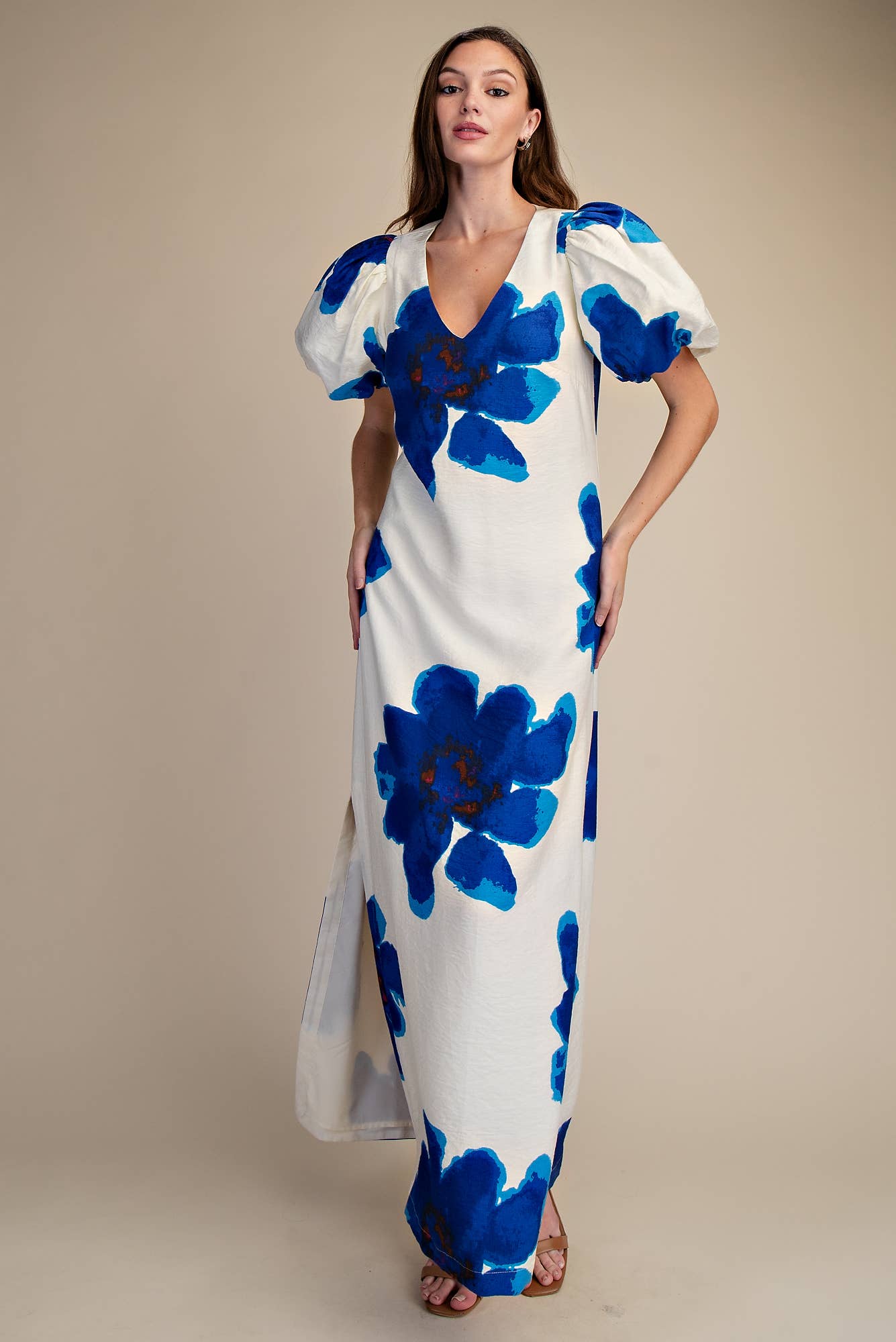 Camellia Puff-Sleeve Maxi Dress-Royal