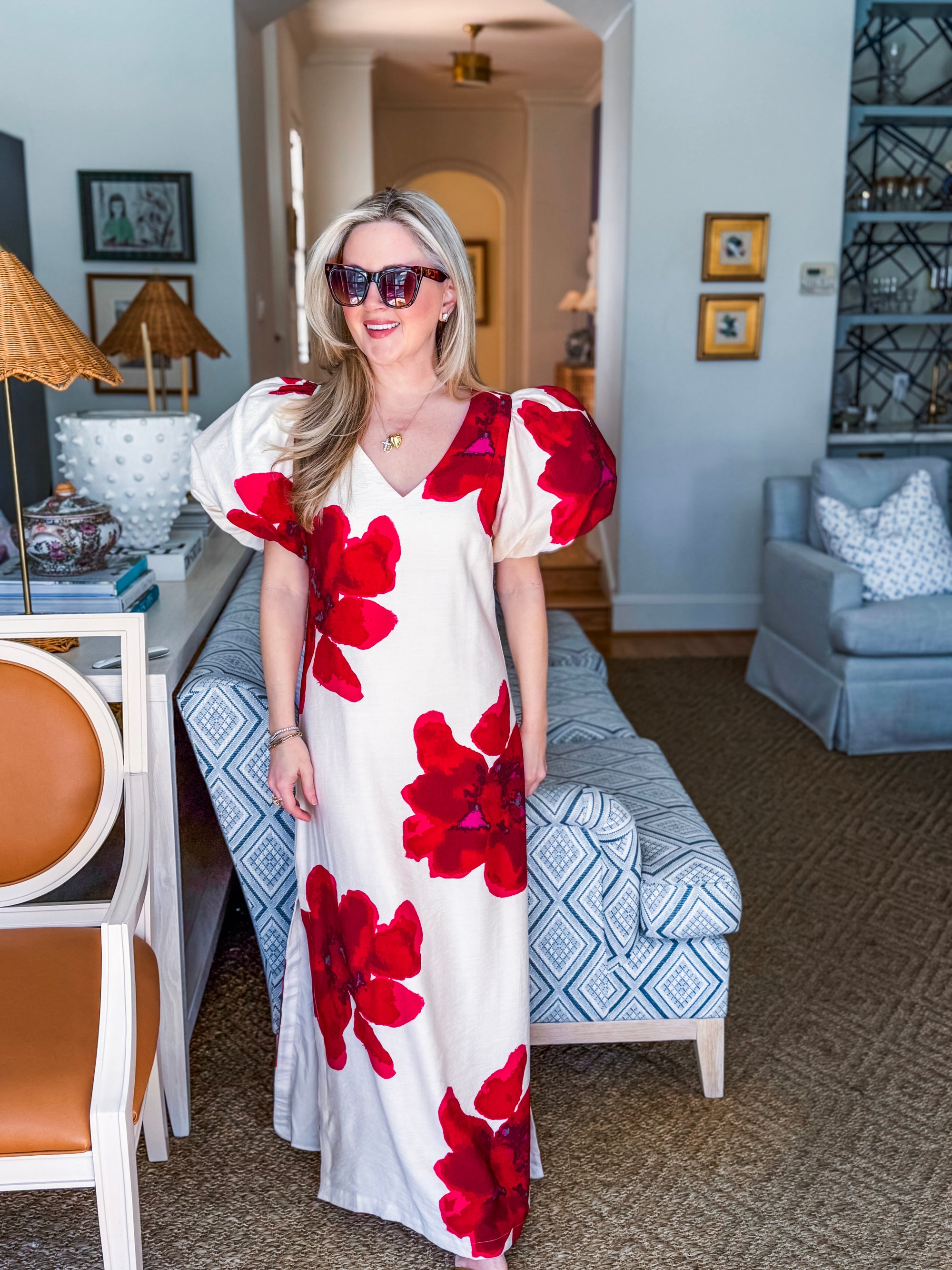 Camellia Puff-Sleeve Maxi Dress-Red