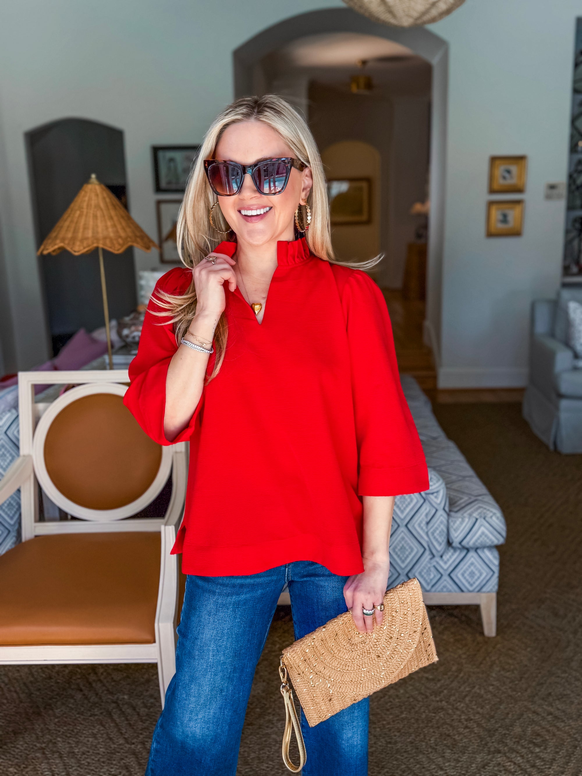 Eloise Ruffle Collar Top-Red