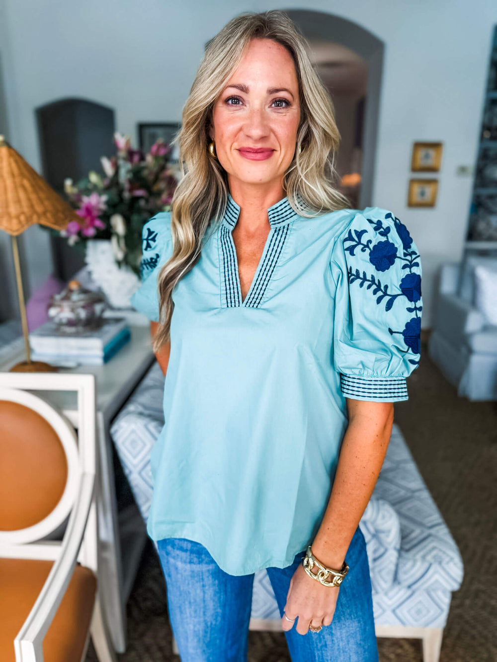 Lighthearted Embroidered Top-Sage