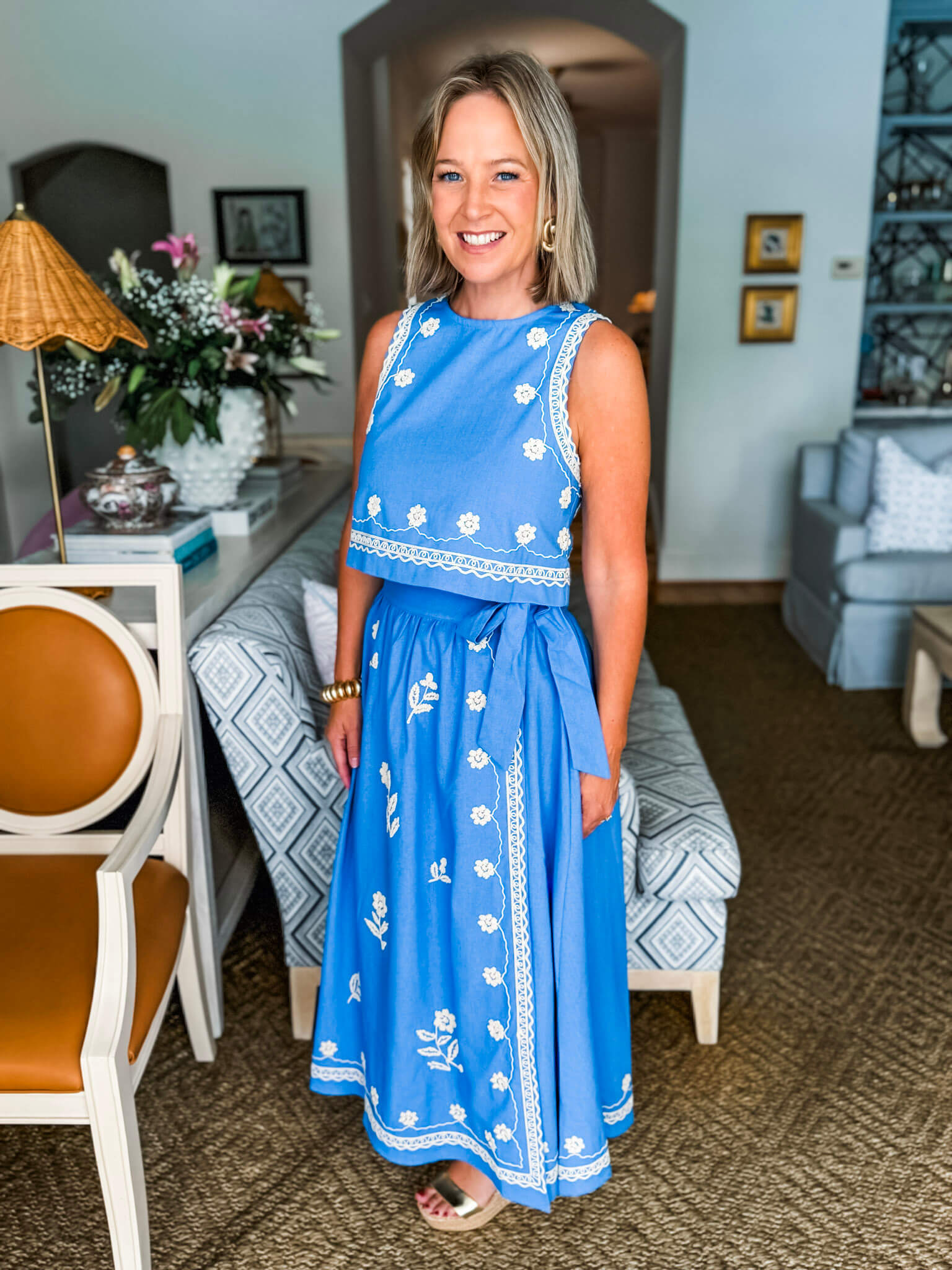 Favorite View Embroidered Skirt Set-Blue