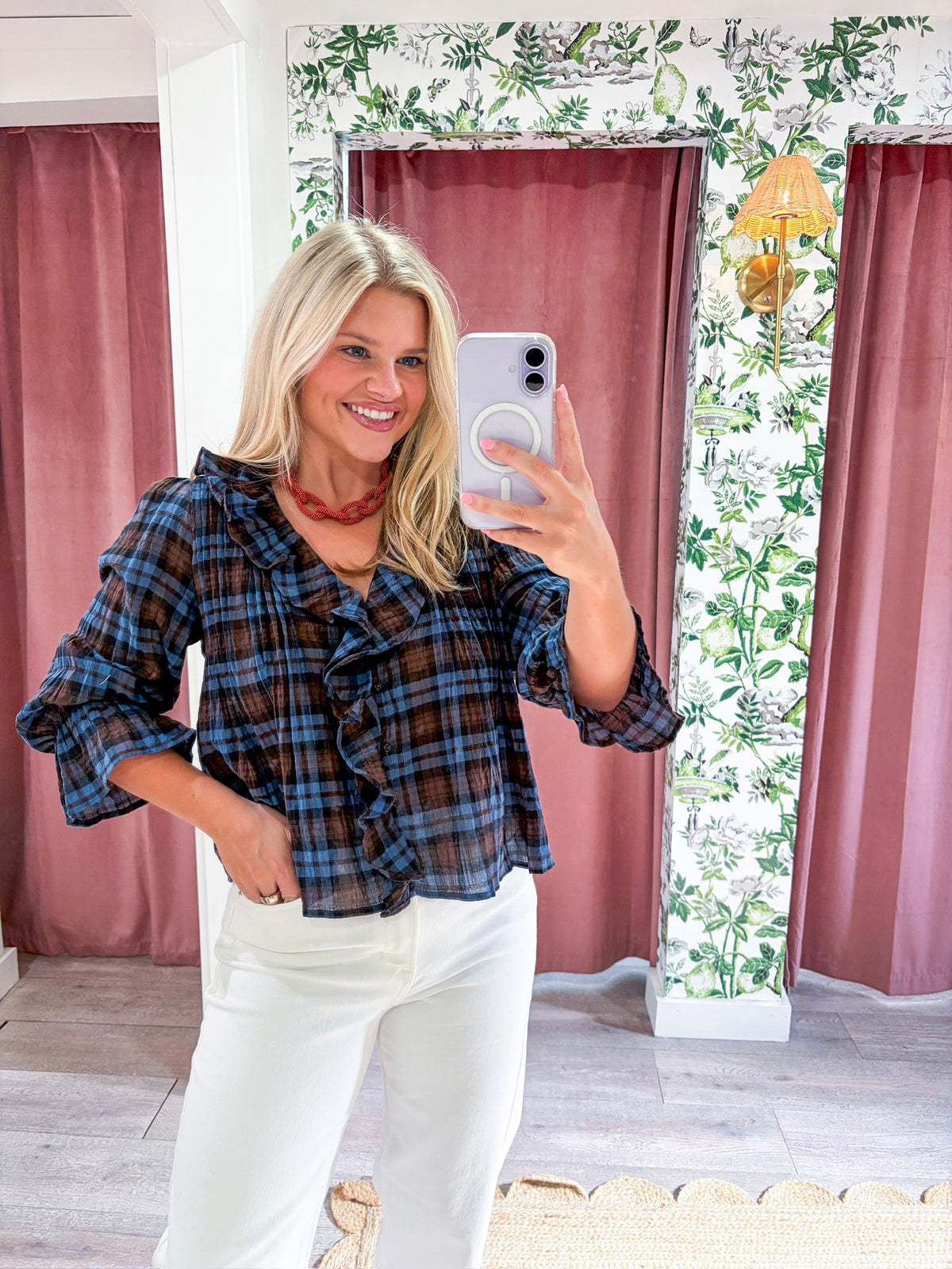 Lena Ruffle Plaid Blouse Top