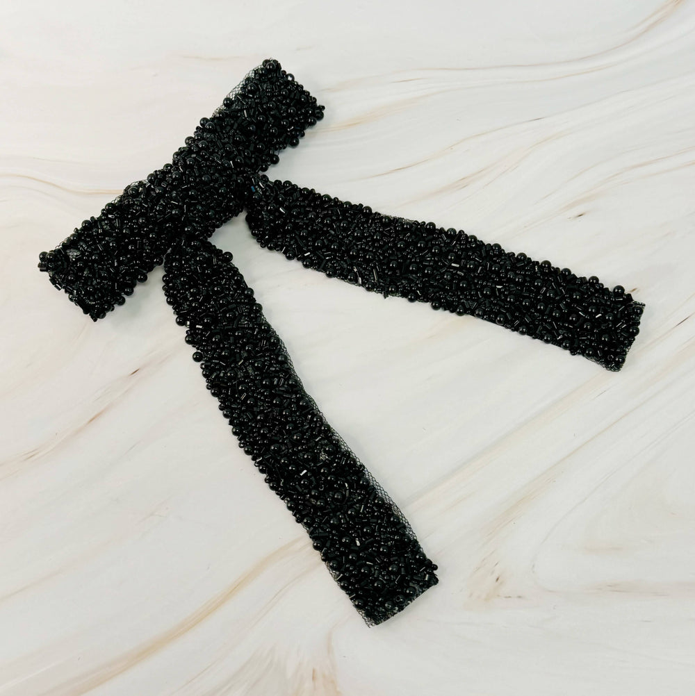 Luxe Beaded Pretty Bow Hair Clip- Black