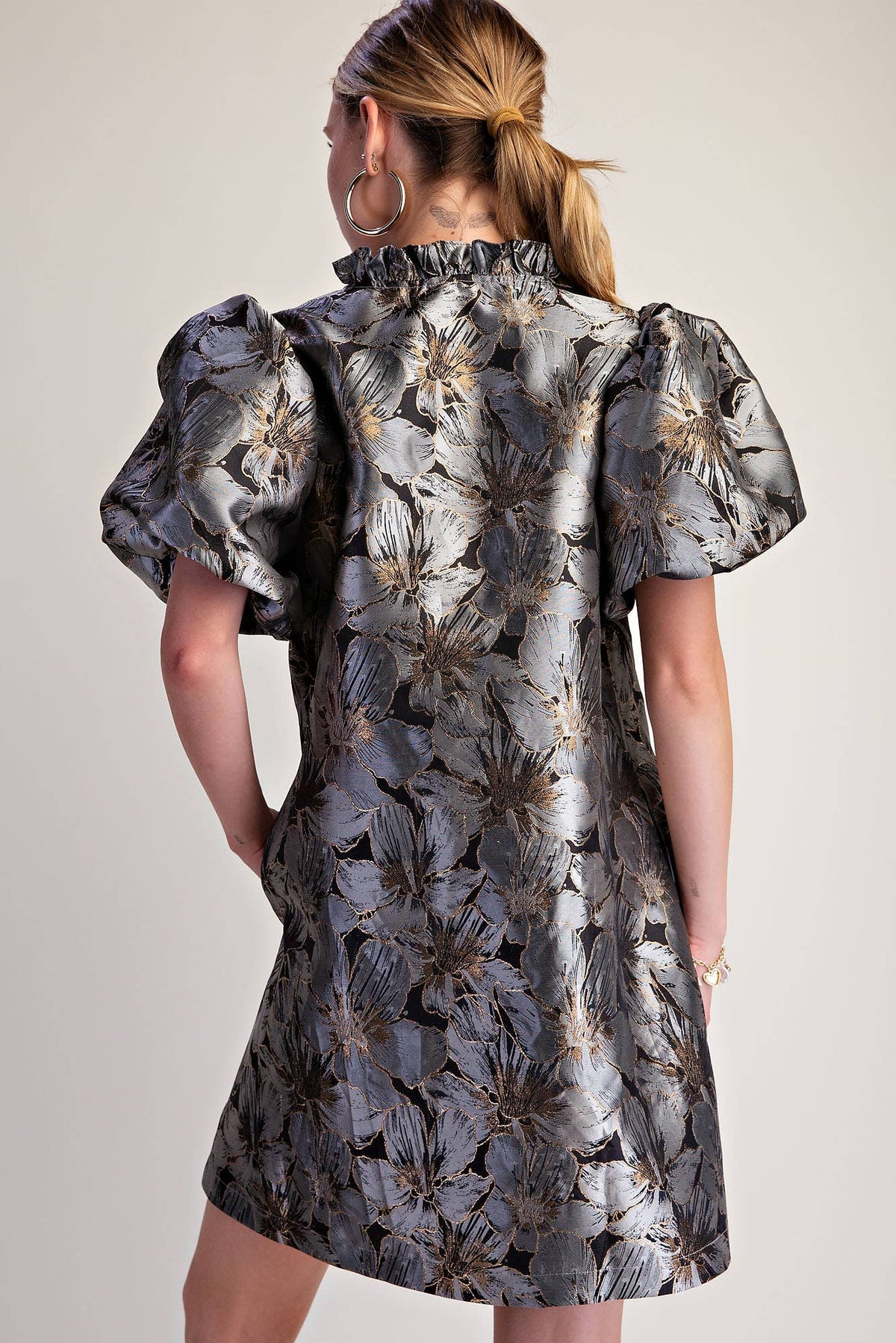 Luminous Bloom Mini Dress-Gray