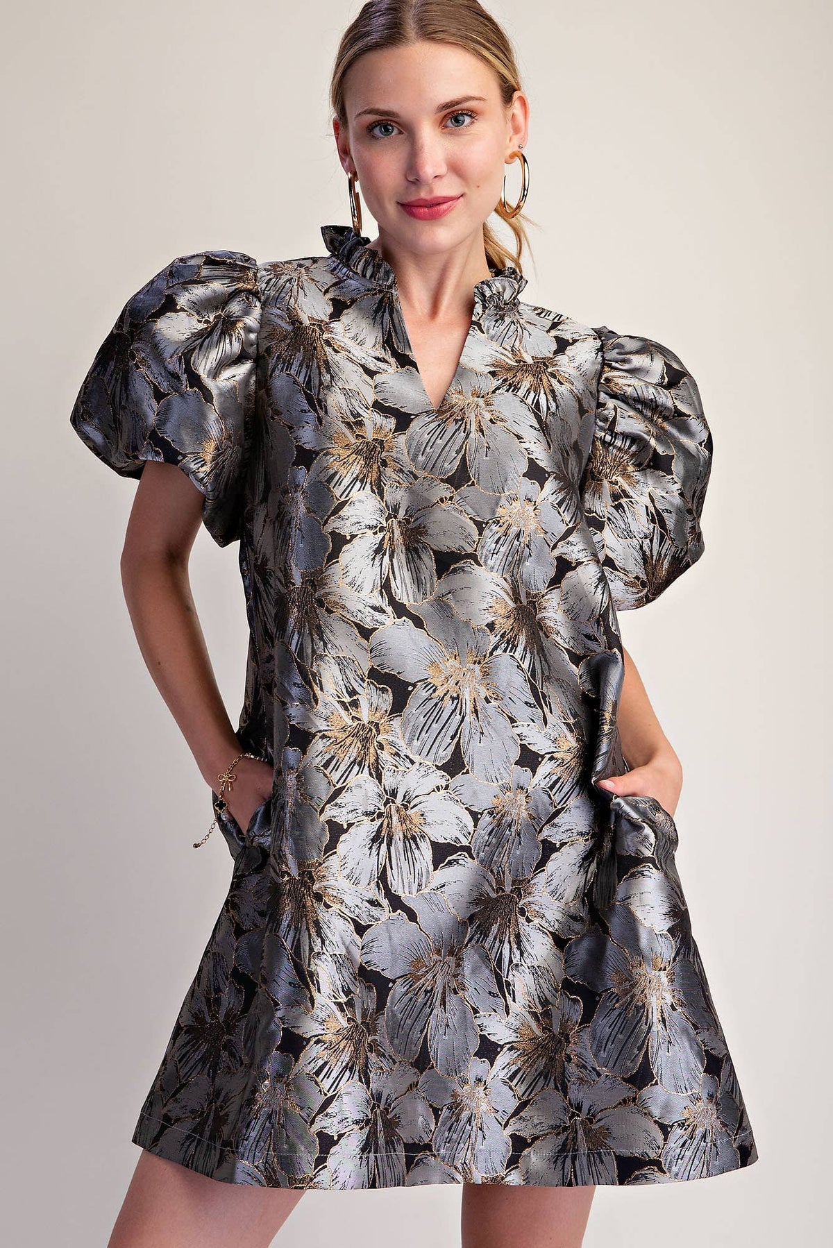 Luminous Bloom Mini Dress-Gray
