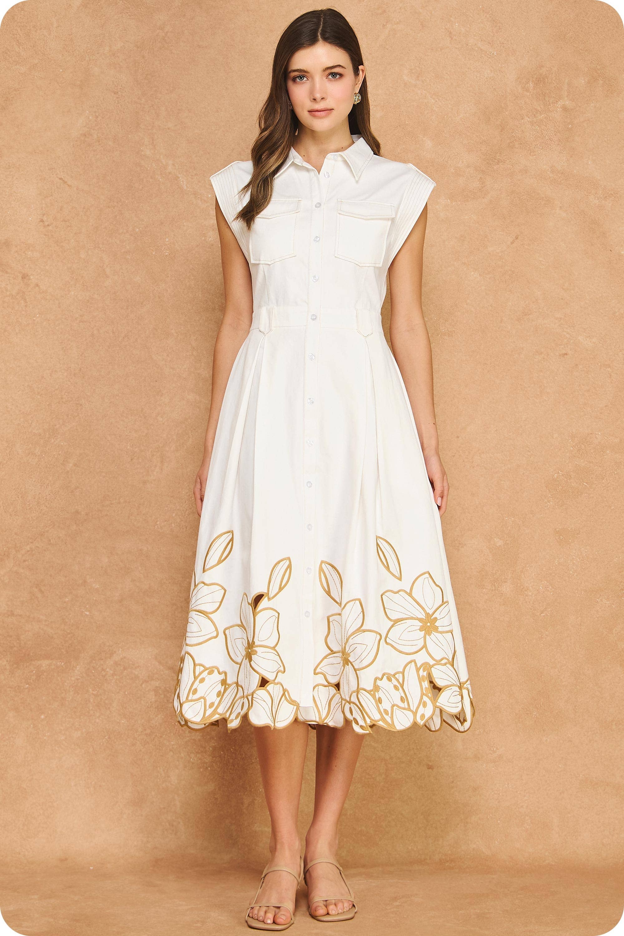 Garden Cutwork Embroidered Midi Dress-Off White