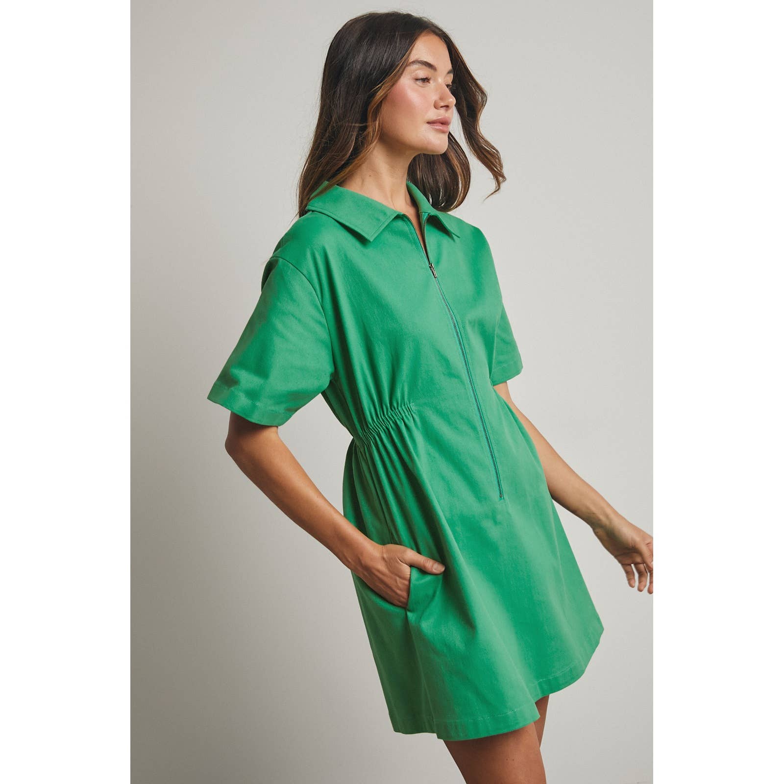 Take it Easy Zipper Mini Dress-Green